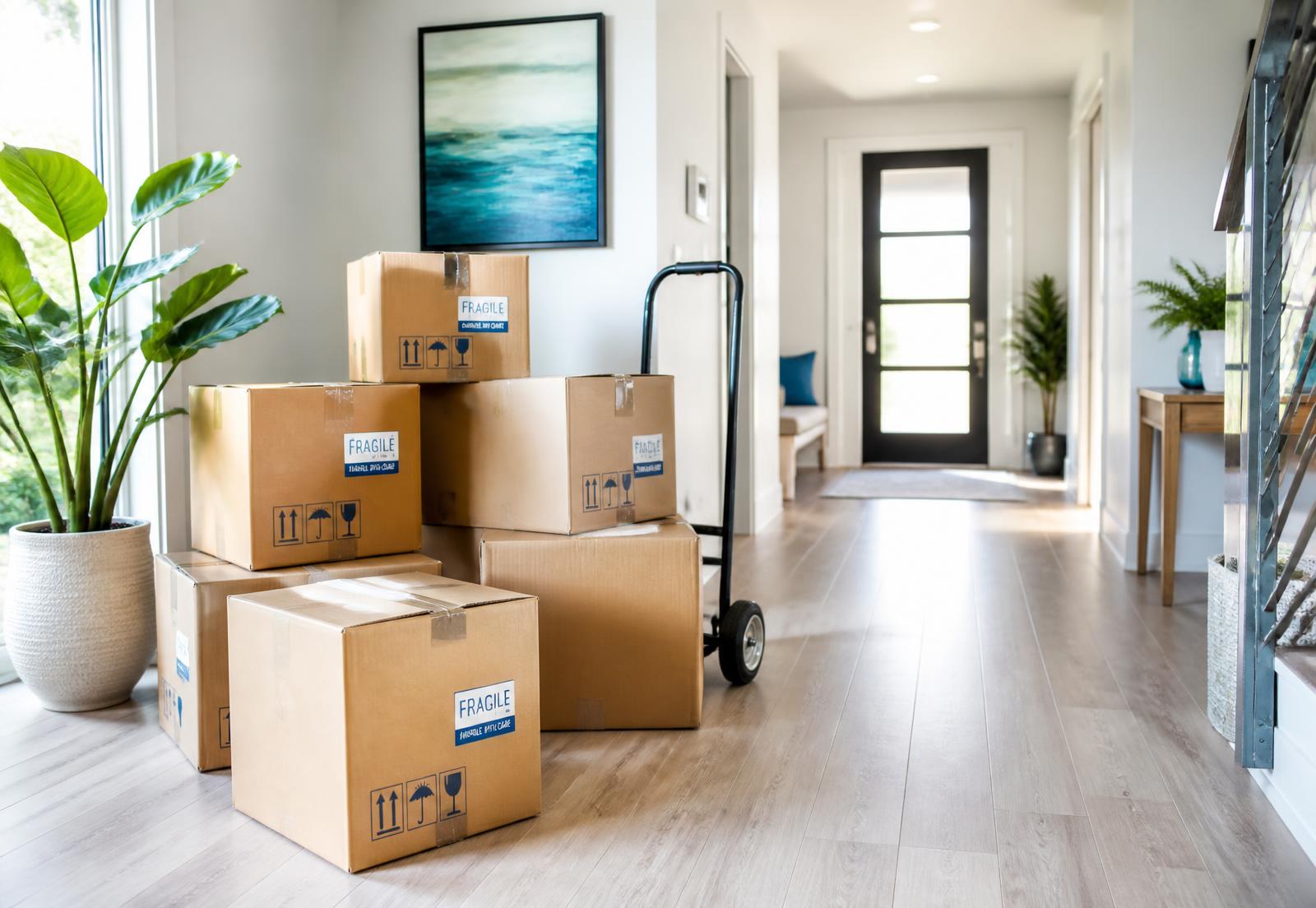 Gepackte Umzugskartons und Handwagen in einem hellen, modernen Wohnungseingang