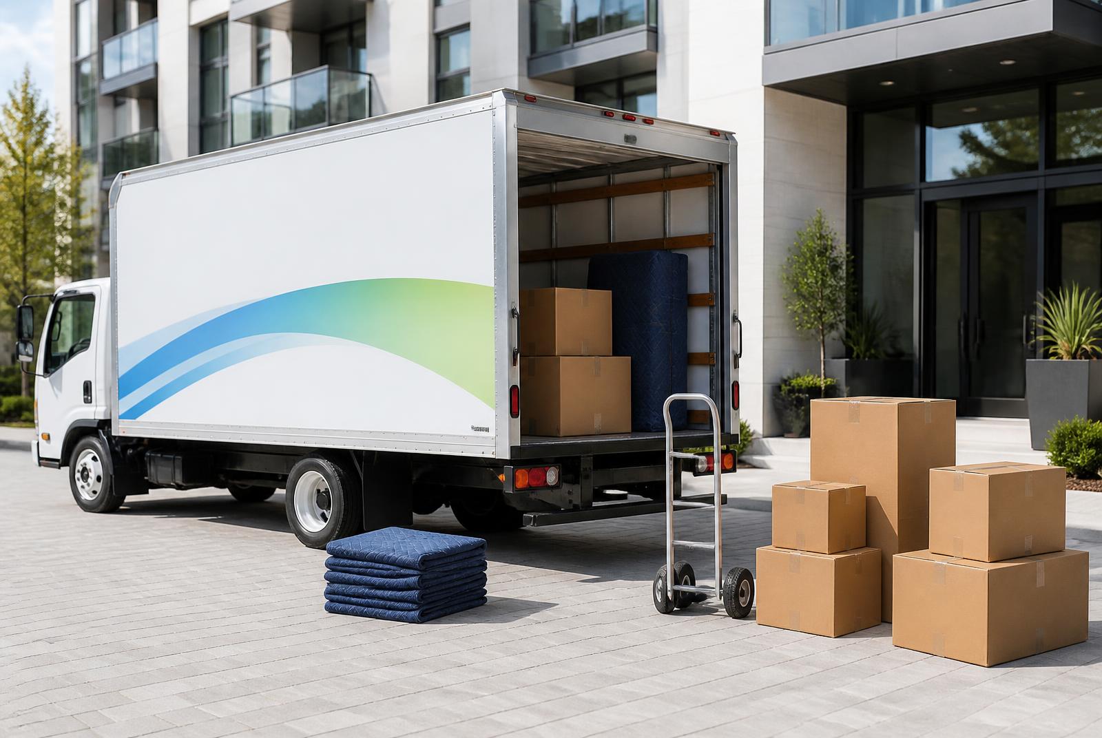 Weißer Umzugswagen mit blau-grünem Design, Kartons und Schutzdecken vor einer modernen Wohnanlage
